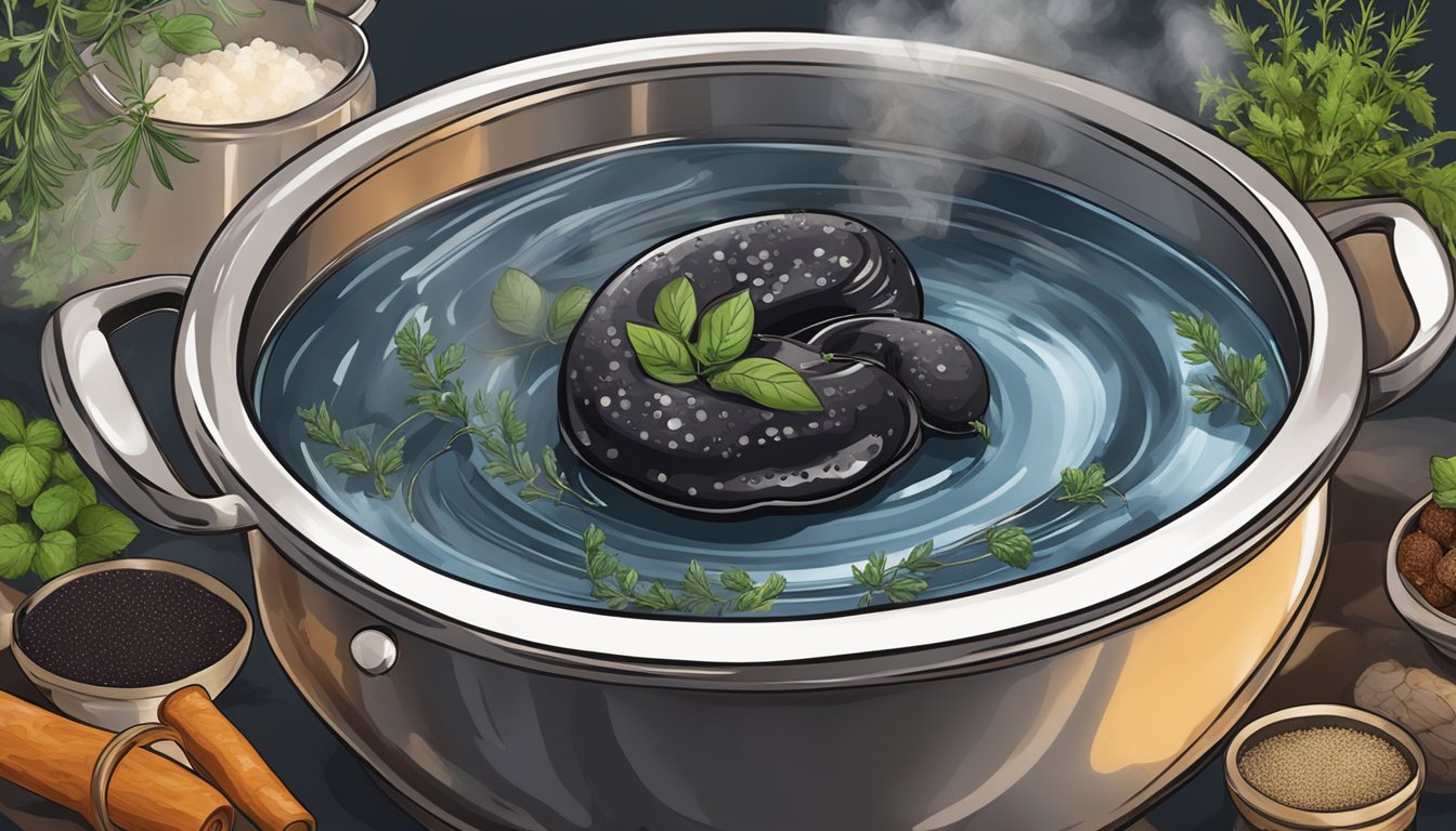 A steaming pot of water with a coil of boudin noir submerged, surrounded by aromatic herbs and spices