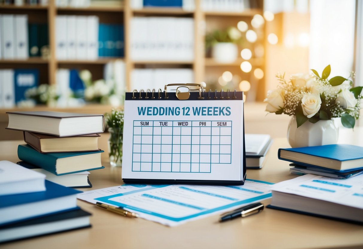 A bustling wedding planning office with a calendar set to 12 weeks, surrounded by books and reservation forms