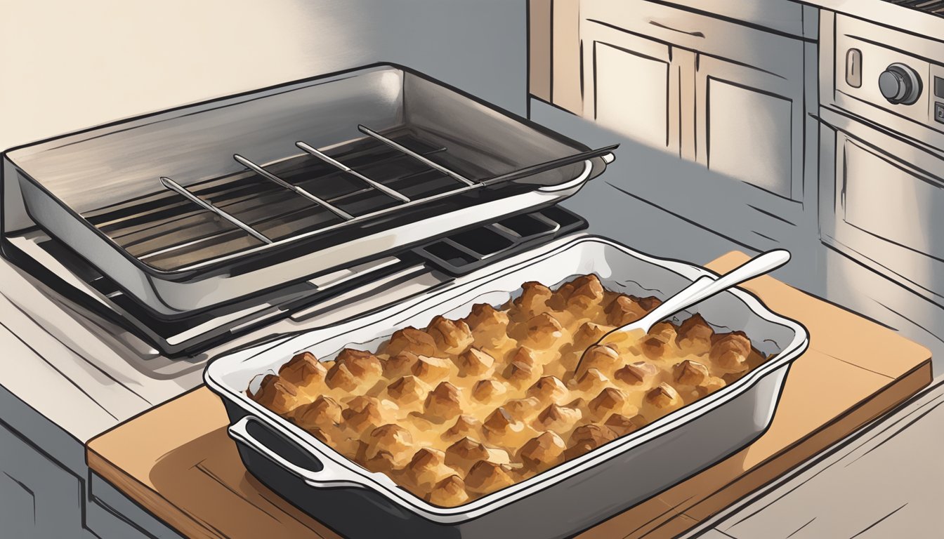 A bourbon bread pudding sits in a baking dish next to a preheated oven, with a small bowl of bourbon glaze and a pastry brush nearby