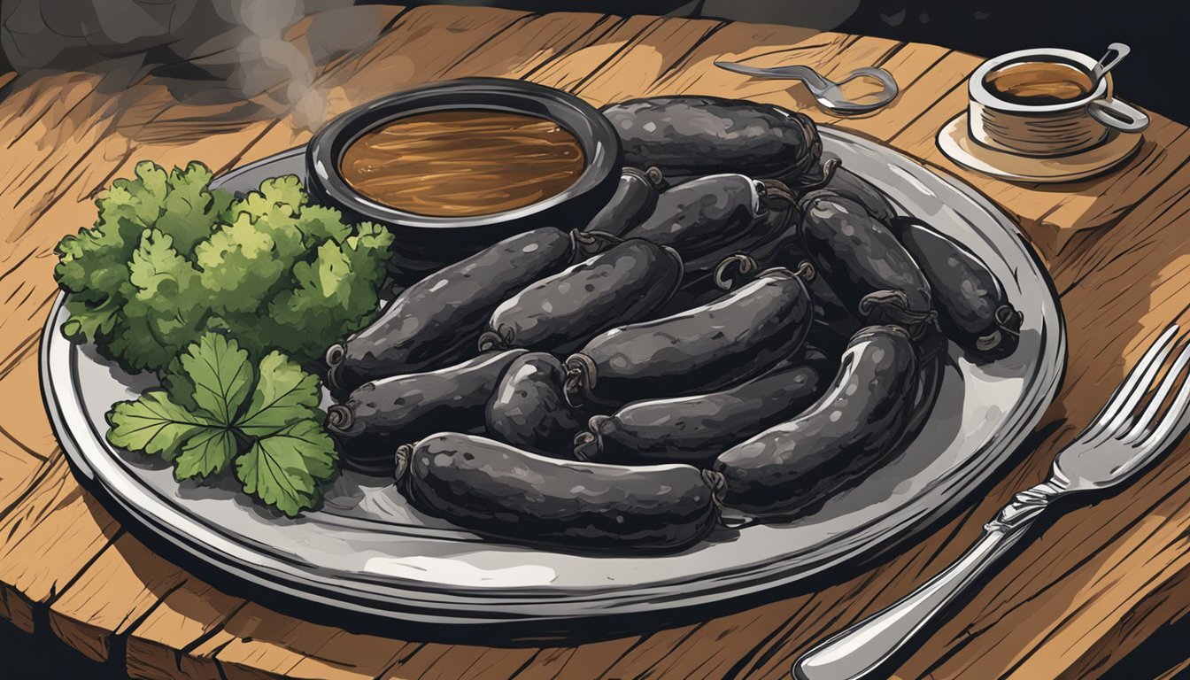 A plate of reheated boudin noir sits on a rustic wooden table, steam rising from the sliced links. A fork rests beside the plate