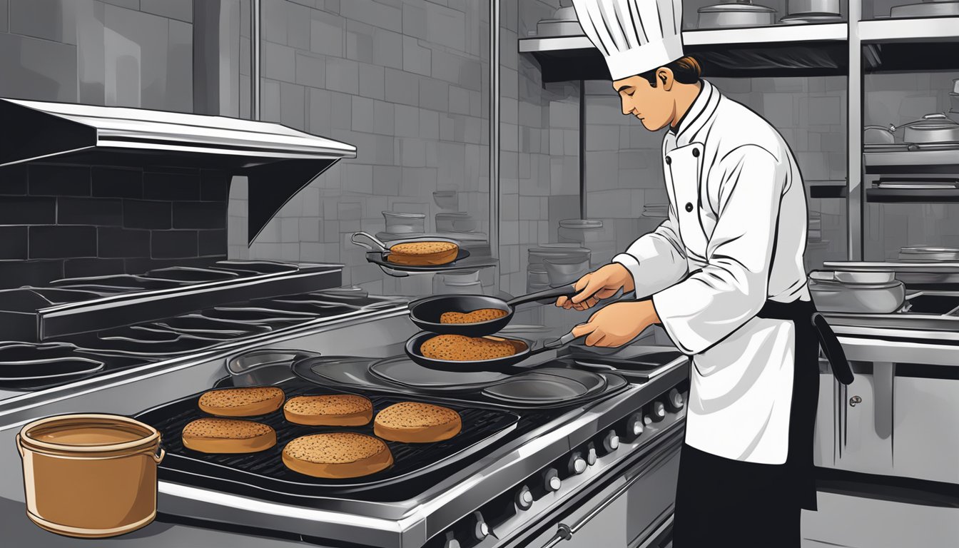 A chef placing boudin noir on a sizzling skillet