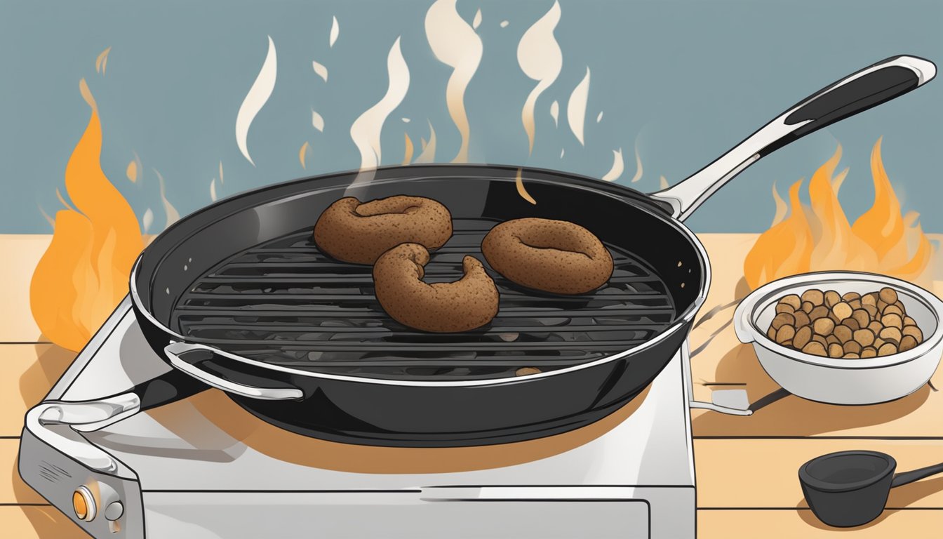 A person reheating boudin noir in a skillet over medium heat, flipping occasionally until heated through