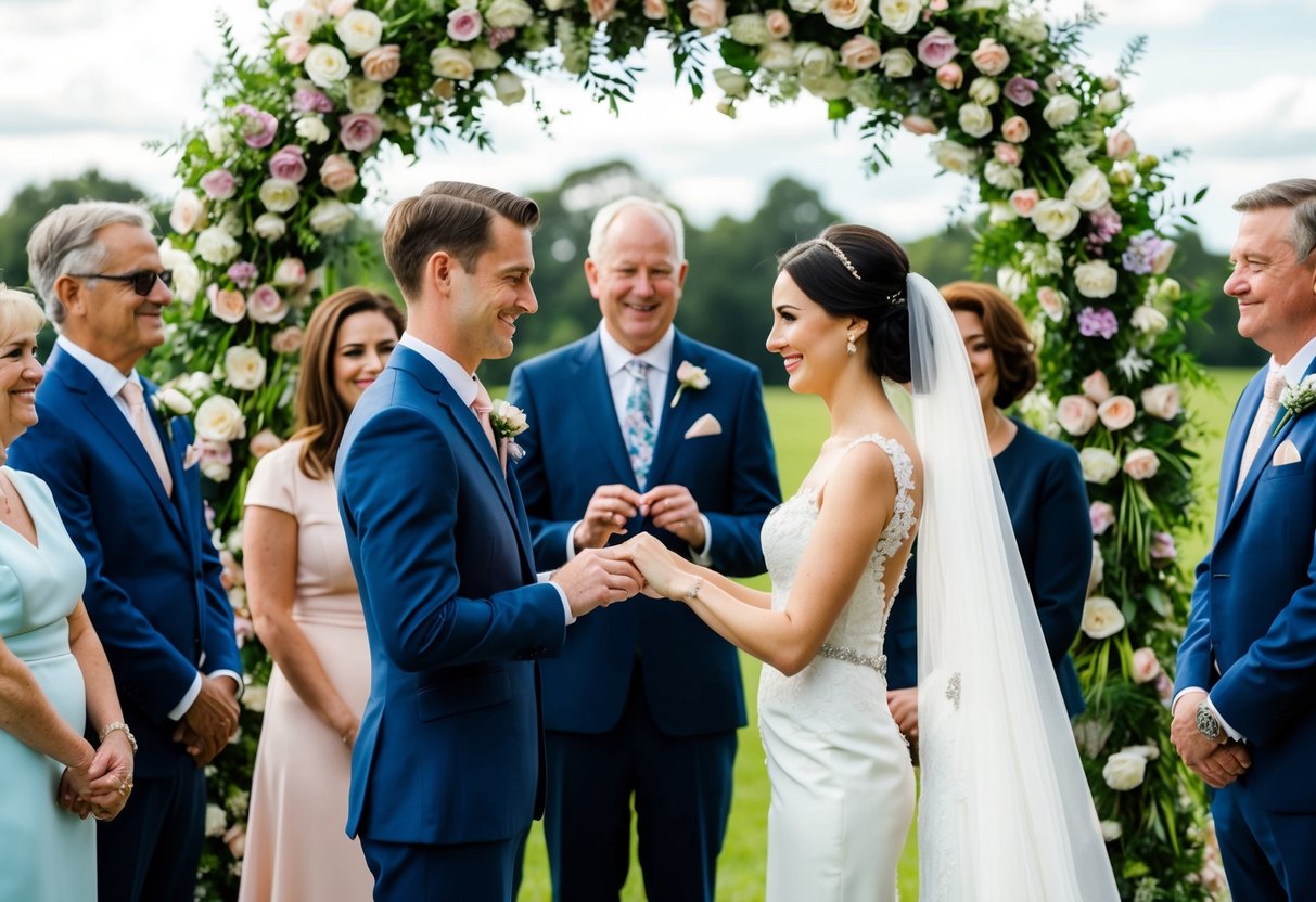 A bride and groom exchange rings under a floral arch, surrounded by family and friends in formal attire