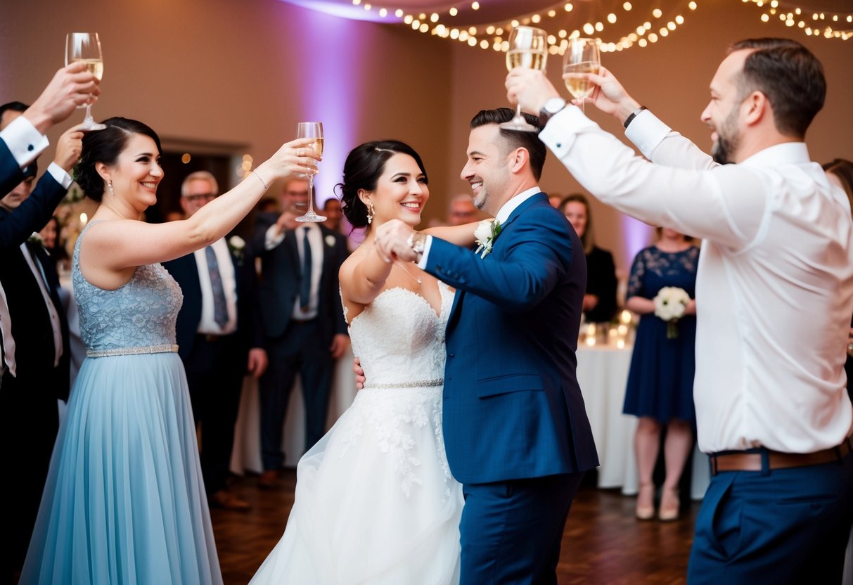Guests raise their glasses in a toast, while the newlyweds share their first dance on the dance floor. Flowers and decorations create a festive atmosphere