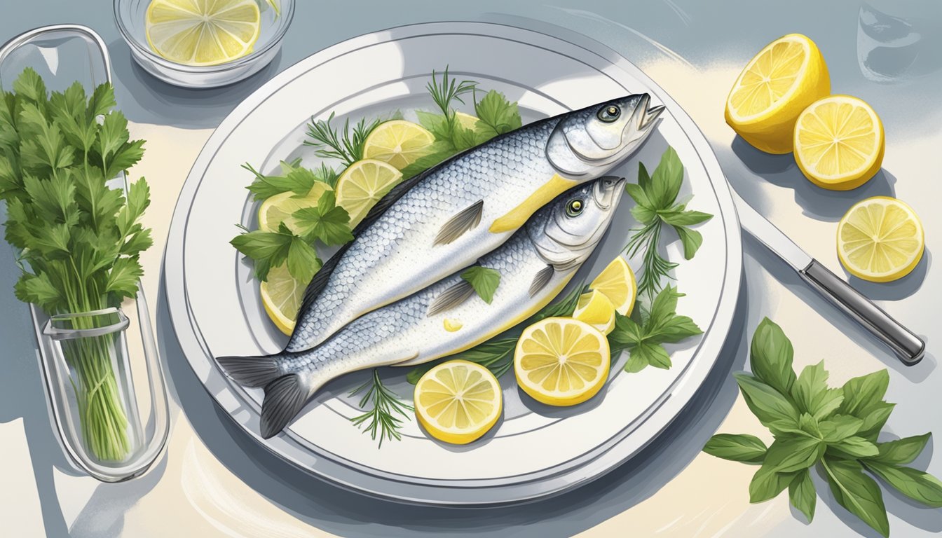 A plate of branzino with lemon slices and fresh herbs, surrounded by a microwave and stovetop