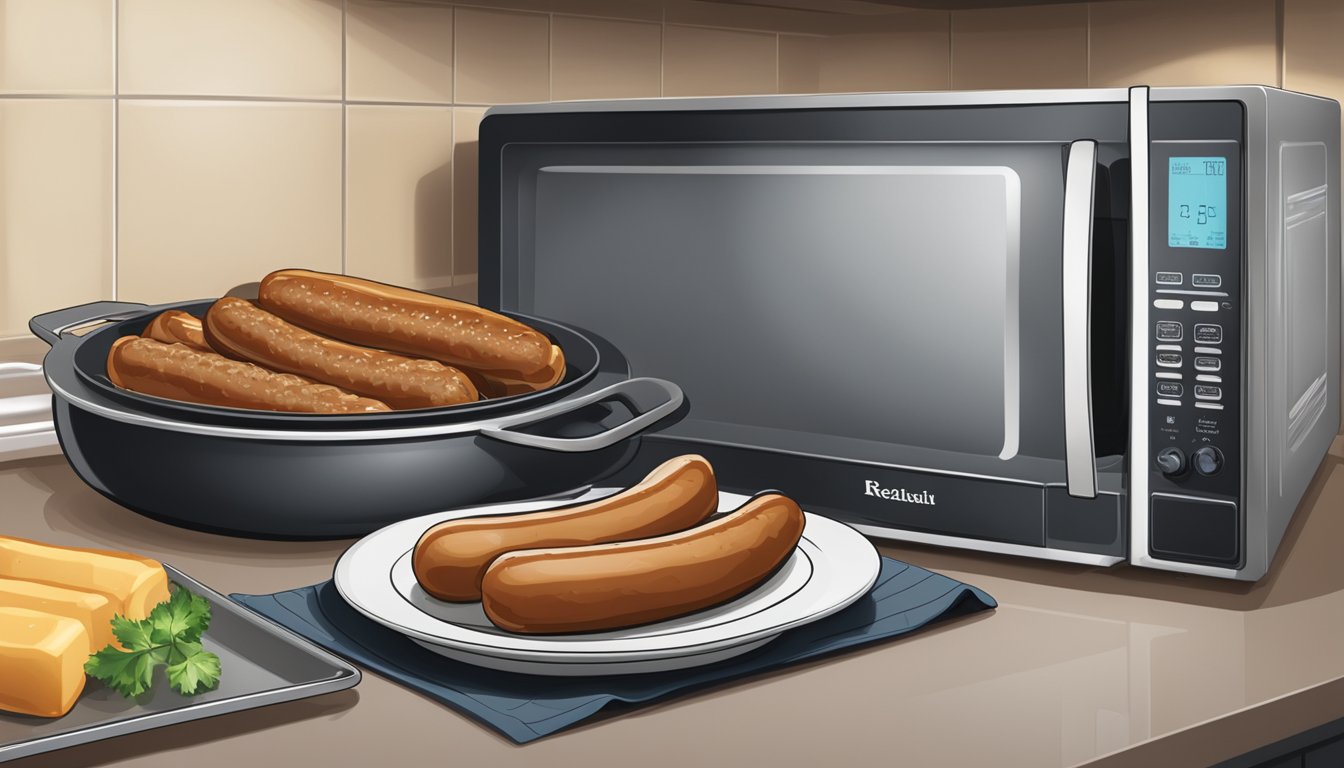 A microwave with a plate of reheated bratwurst beside a steaming hot pan