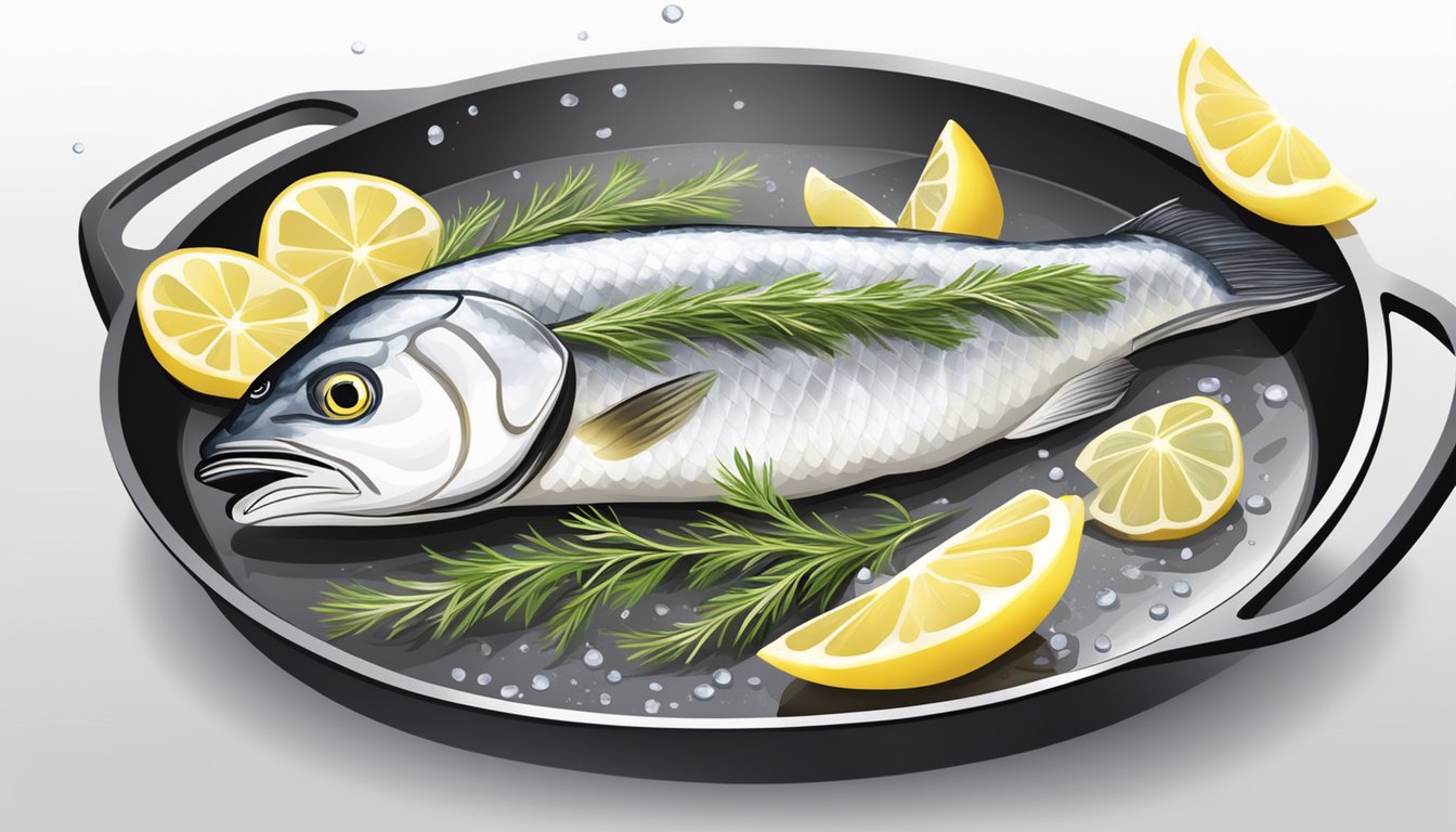 A branzino fillet sizzling in a pan with herbs and lemon slices, emitting a savory aroma