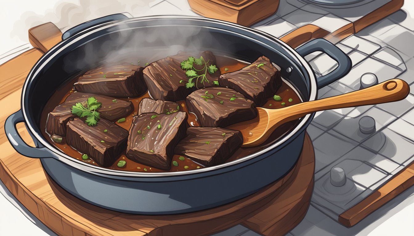 A pot of braised short ribs on a stovetop, with steam rising and a wooden spoon nearby