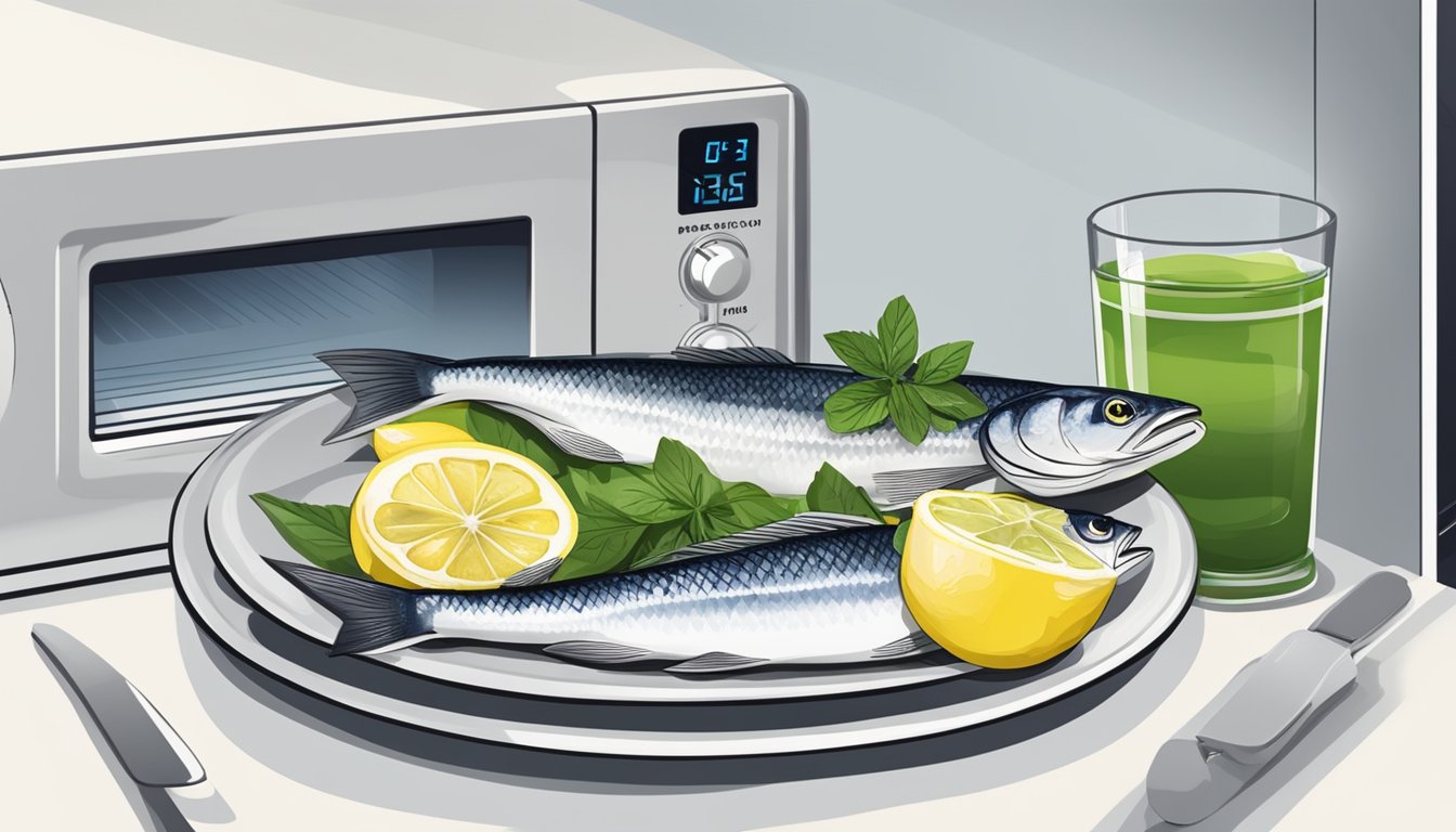 A plate of branzino with lemon slices and herbs, next to a microwave