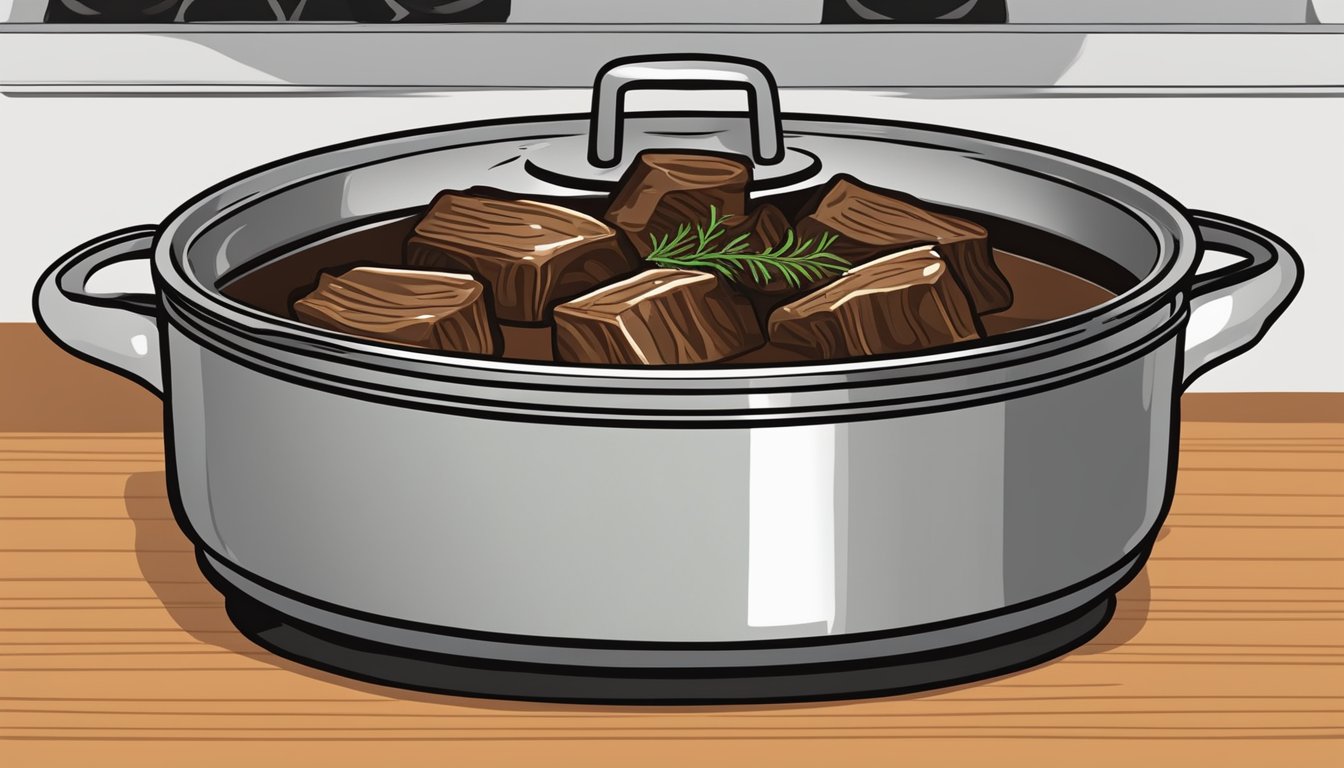 A pot of braised short ribs simmering on a stovetop