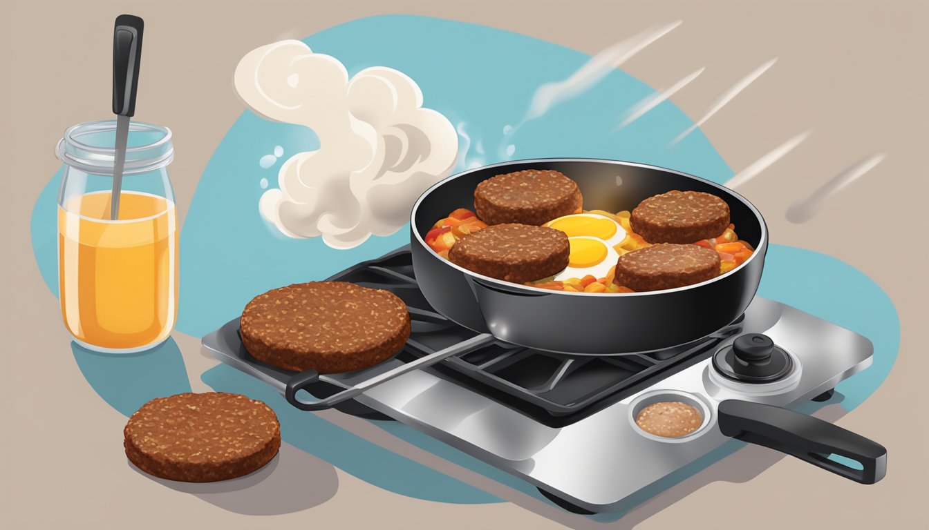 A skillet sizzling with reheated breakfast sausage patties, steam rising, and a spatula flipping them over