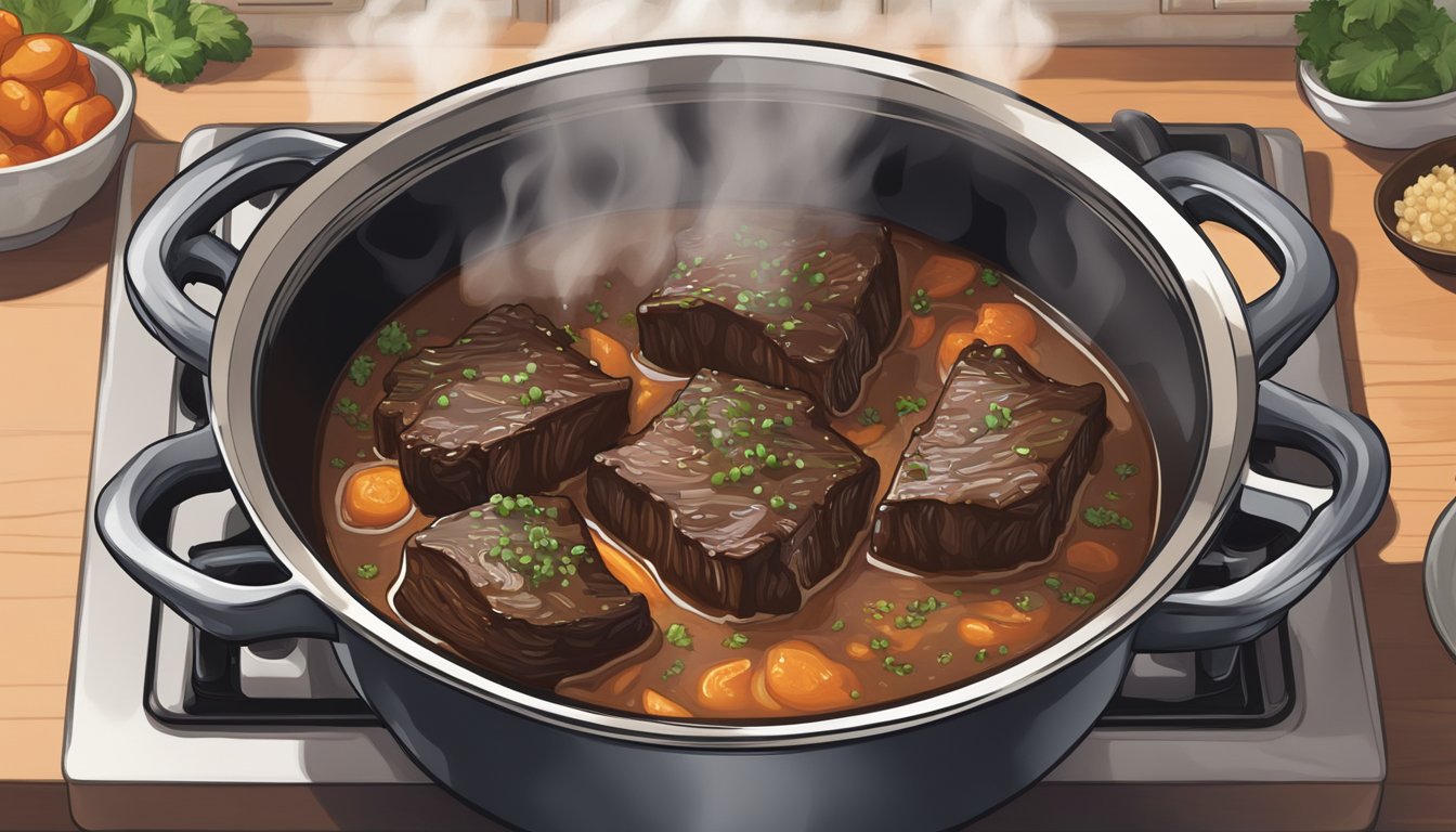 A pot of braised short ribs being gently reheated on a stovetop, steam rising from the rich, savory sauce as it simmers