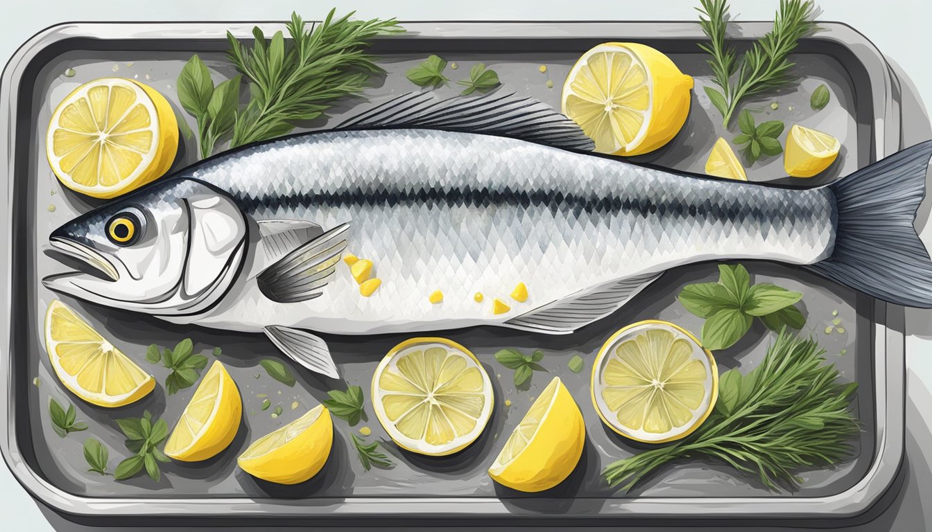 A branzino fillet with lemon slices and herbs arranged on a baking sheet. A hand reaches for the oven dial