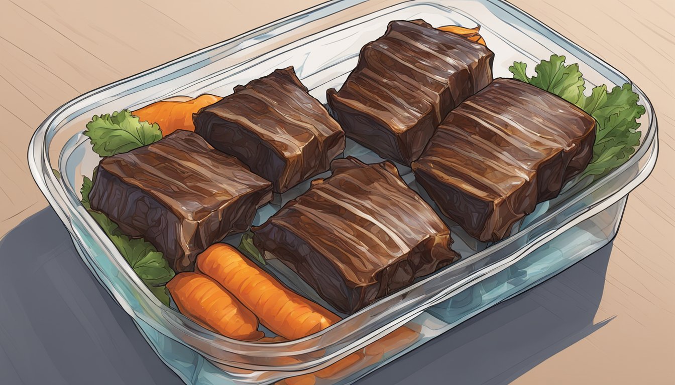 A plate of leftover braised short ribs wrapped in plastic, stored in the fridge