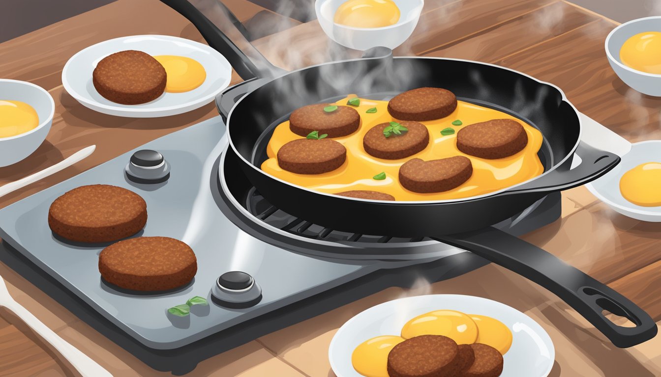 A skillet sizzling with reheated breakfast sausage patties, steam rising, and a spatula flipping them over