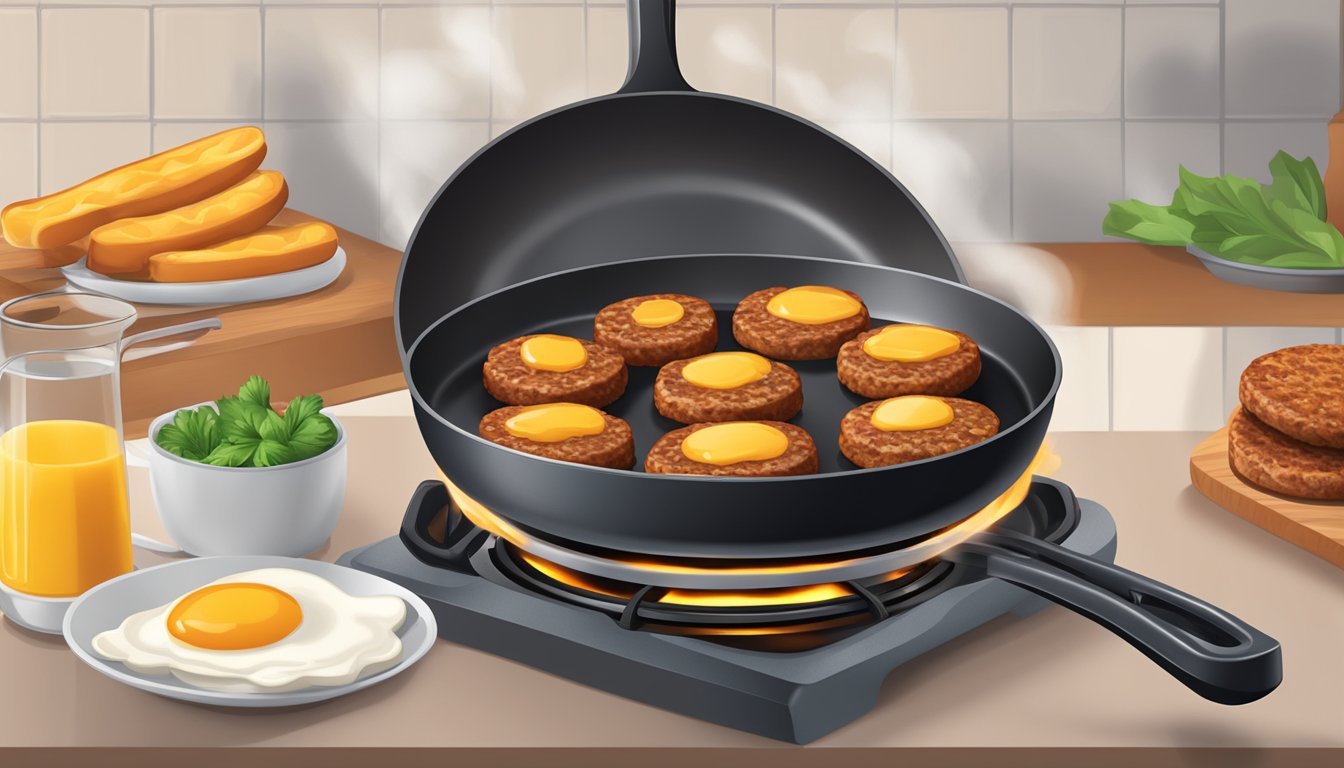 A skillet with sizzling breakfast sausage patties being reheated on a stovetop