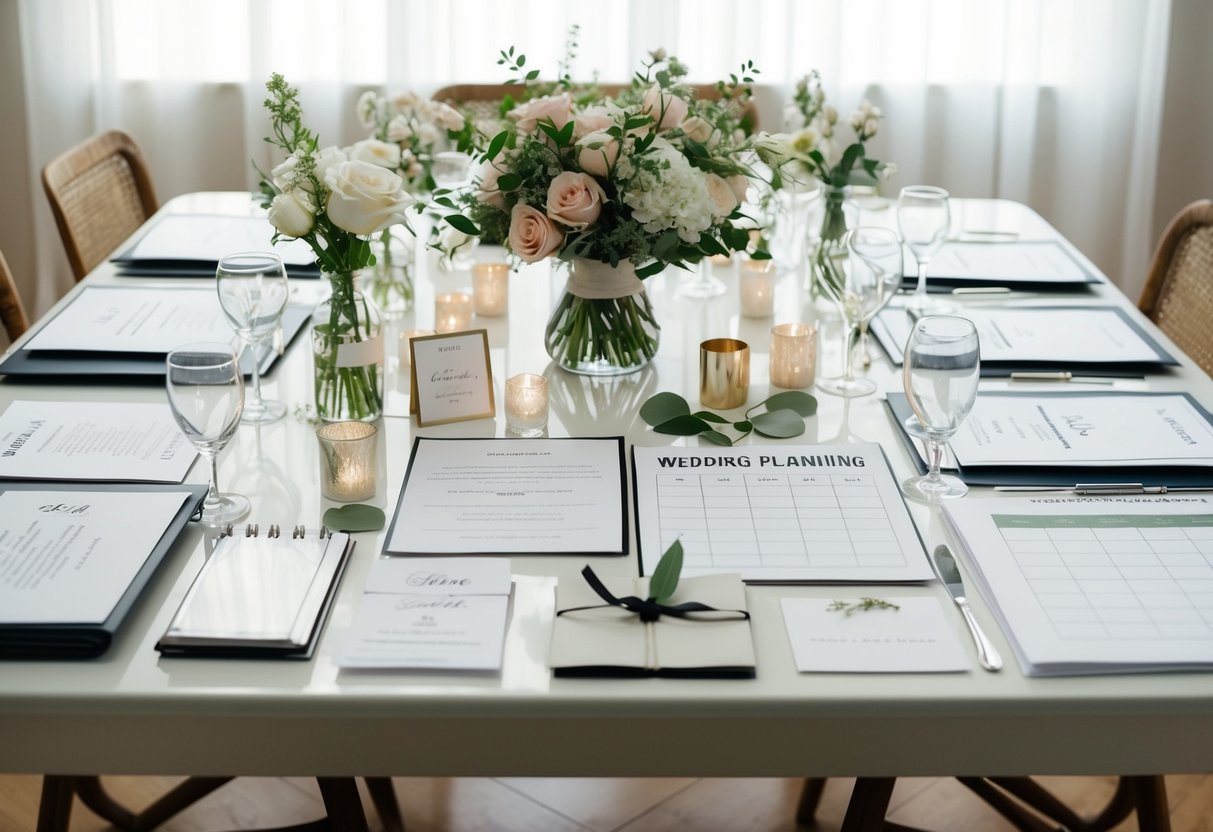 A table covered in wedding planning materials, from invitations to floral arrangements, with a checklist and calendar laid out
