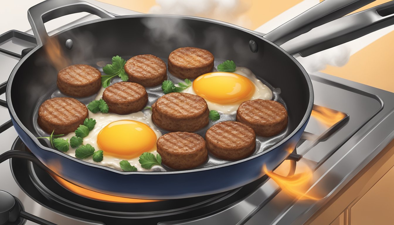 A skillet sizzling with reheated breakfast sausage patties, steam rising as they cook to perfection