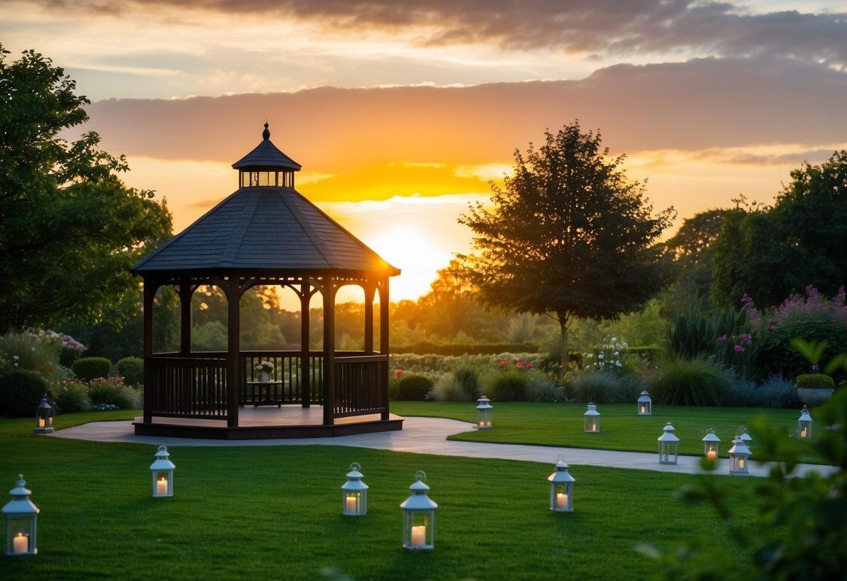 A sun setting over a tranquil garden with a gazebo and scattered lanterns, hinting at a romantic wedding