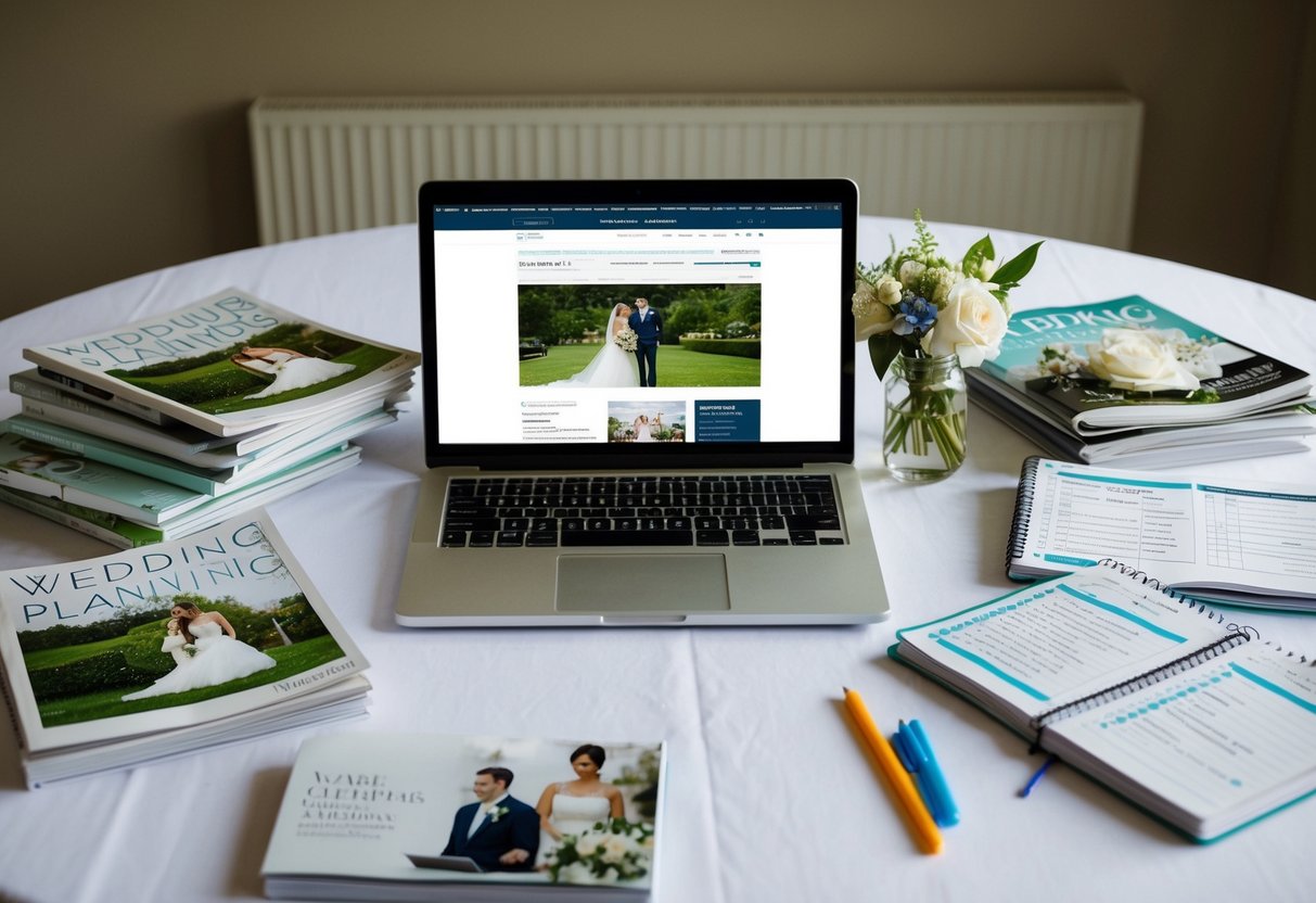 A table covered in wedding magazines, a laptop open to a wedding planning website, and a notebook filled with checklists and notes