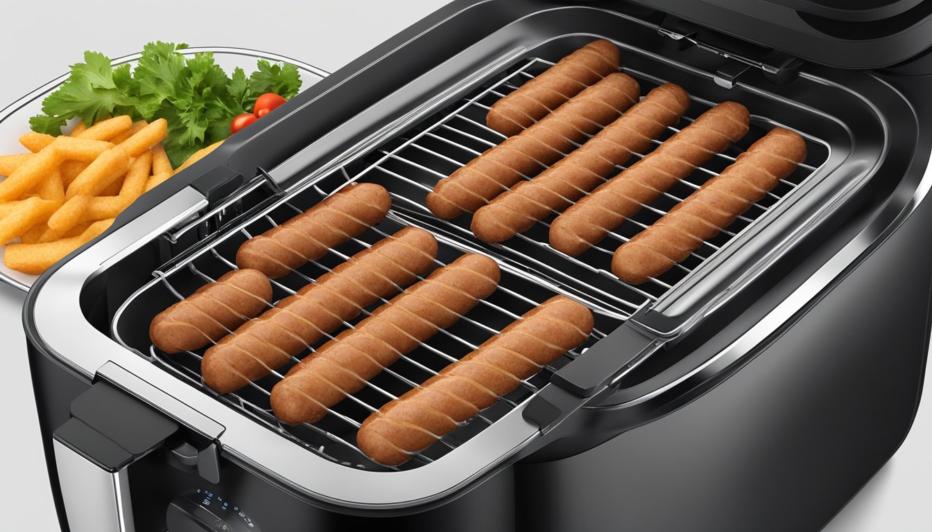 Sausage links arranged on a wire rack inside an air fryer, with the air fryer's digital display showing the temperature and time settings