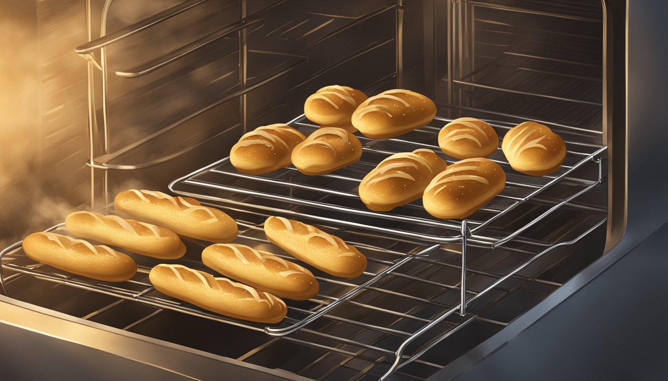 Freshly baked breadsticks being placed on a wire rack in the oven, with steam rising and a golden, crispy exterior