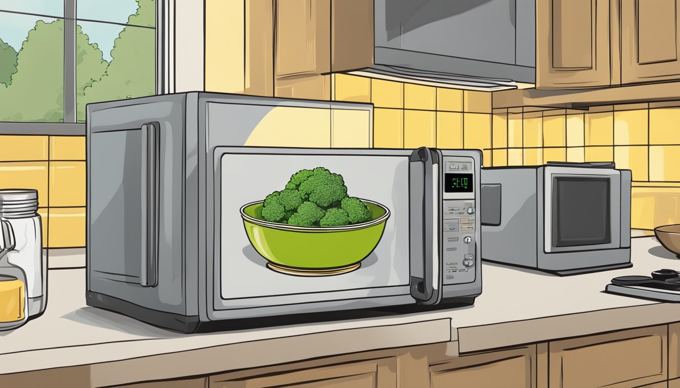 A bowl of broccoli cheddar soup sits steaming on a kitchen counter next to a microwave and a stovetop