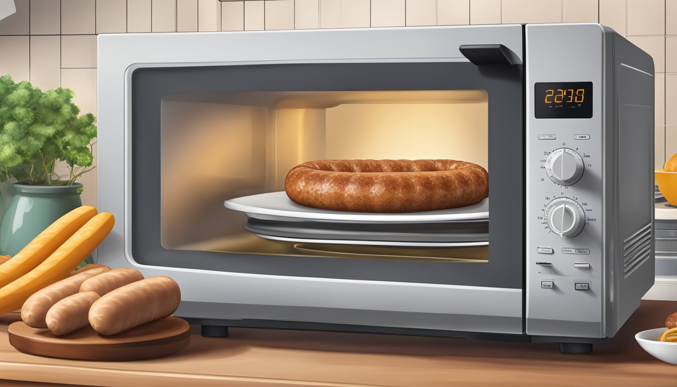 A microwave with a plate of sausage links inside, with a timer set and steam rising from the food