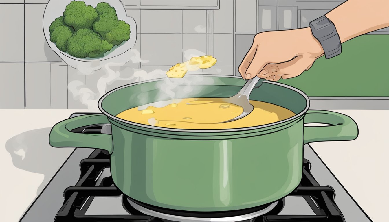 A pot of broccoli cheddar soup sits on a stovetop, steam rising as a hand reaches for a ladle