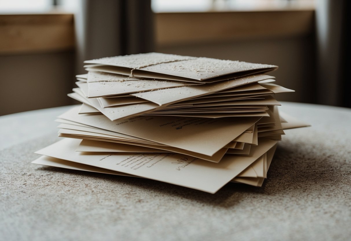 A pile of unopened wedding invitations on a table, covered in dust
