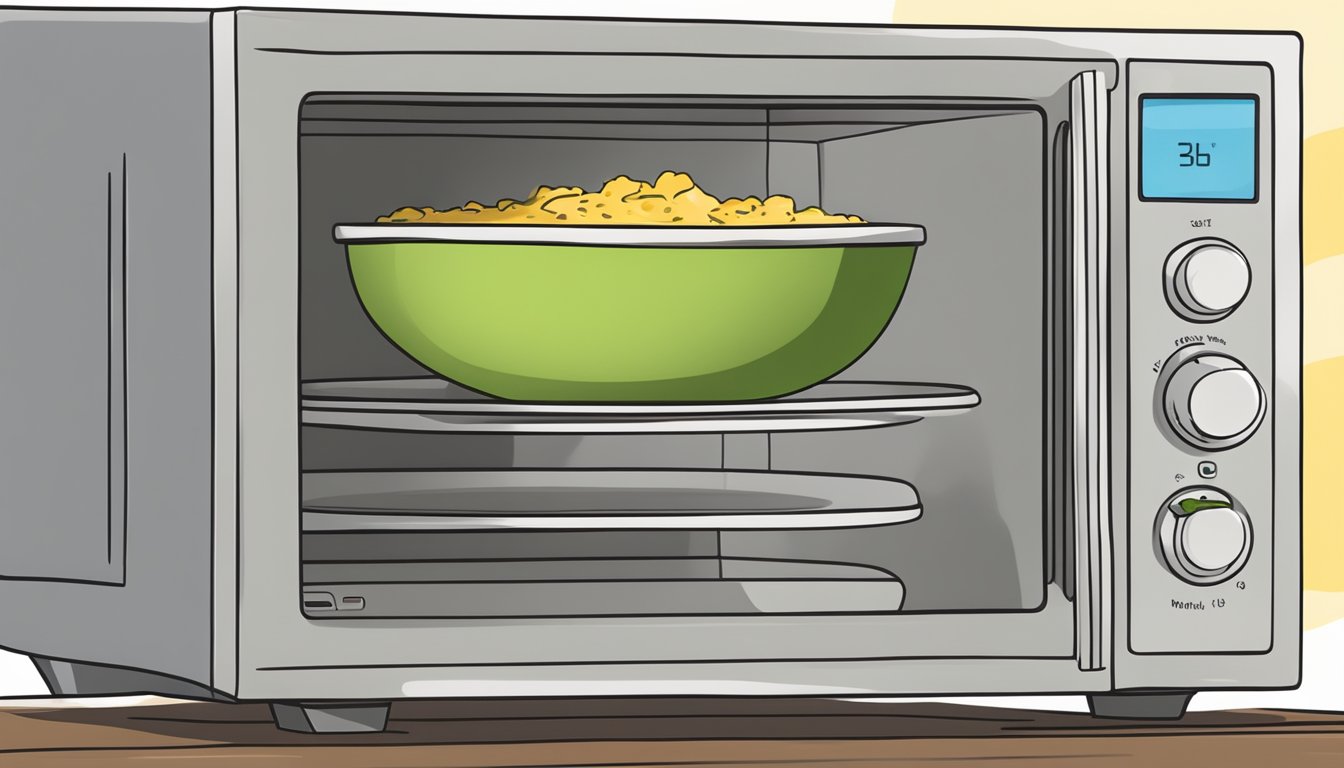 A bowl of broccoli cheddar soup being heated in a microwave