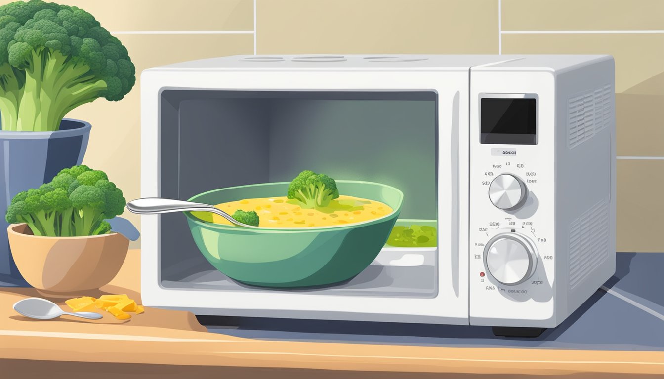 A steaming bowl of broccoli cheddar soup being reheated in a microwave, with a spoon resting on the side