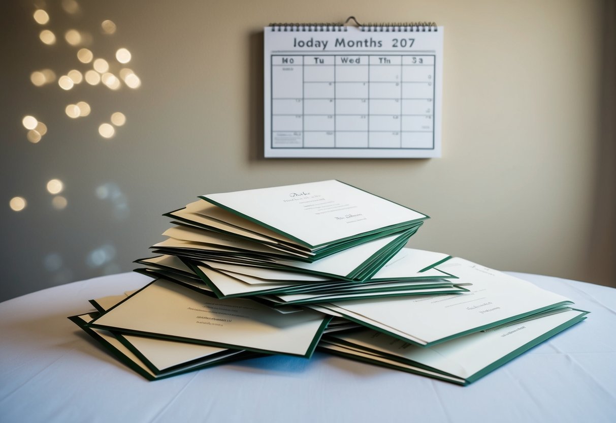 A pile of unopened wedding invitations sits on a table while a calendar on the wall displays today's date three months before the wedding