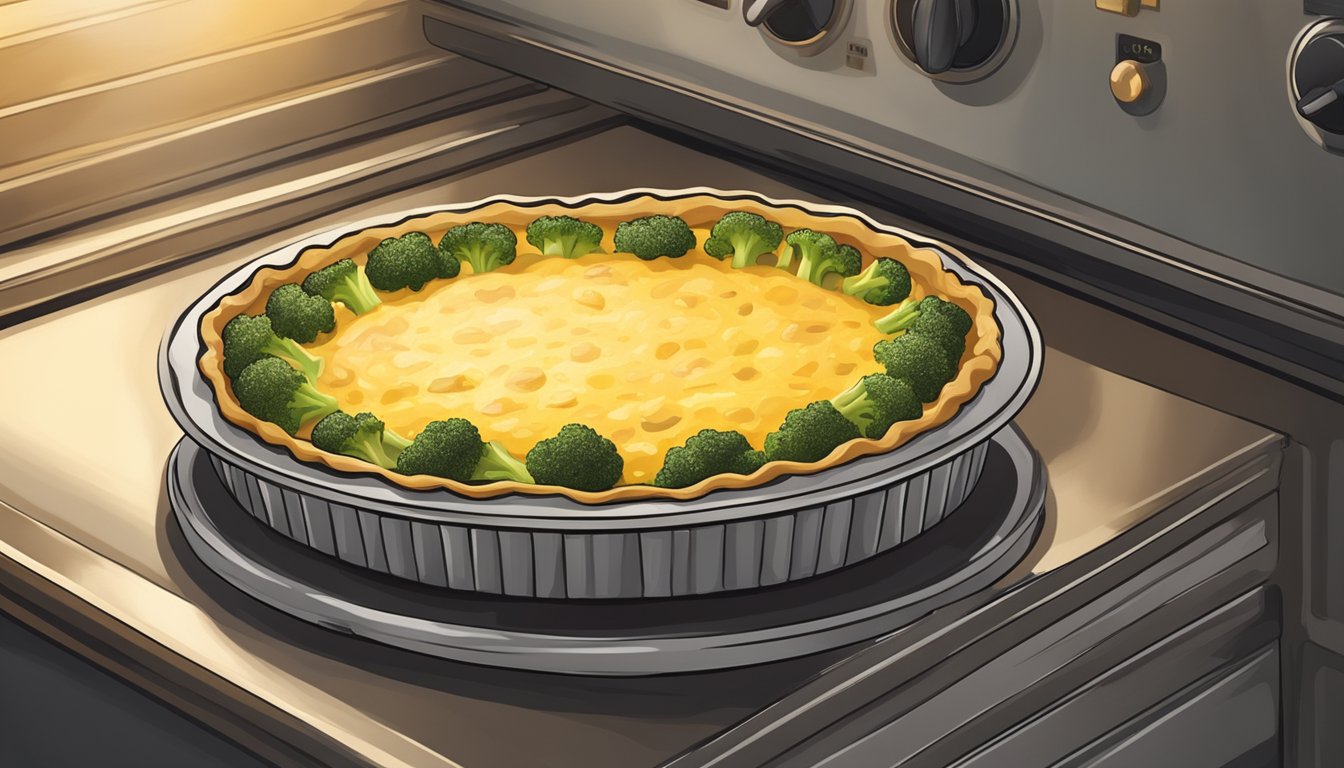 A quiche sits on a baking tray in a preheated oven, surrounded by the warm glow of the oven light. Steam rises from the golden, bubbling surface of the broccoli cheddar filling as it reheats