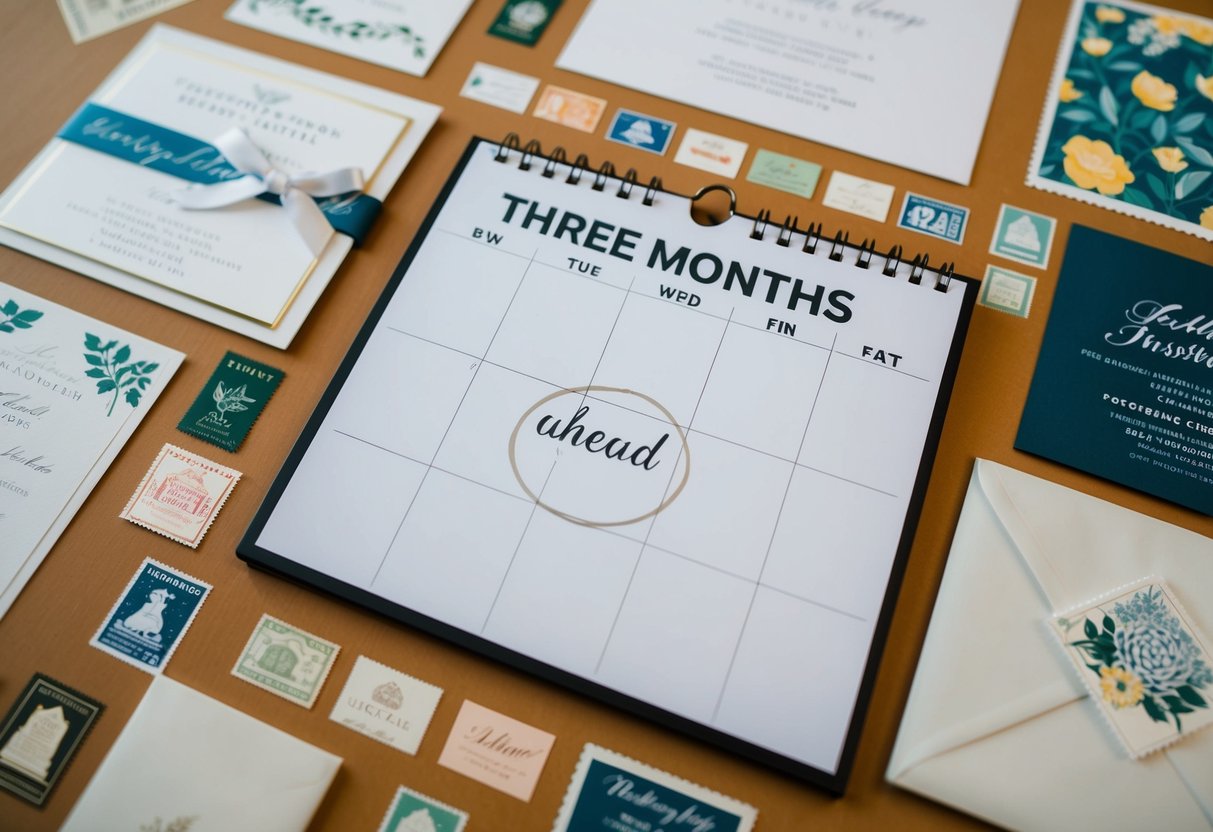 A calendar with the date three months ahead circled, surrounded by various wedding invitation designs and postage stamps