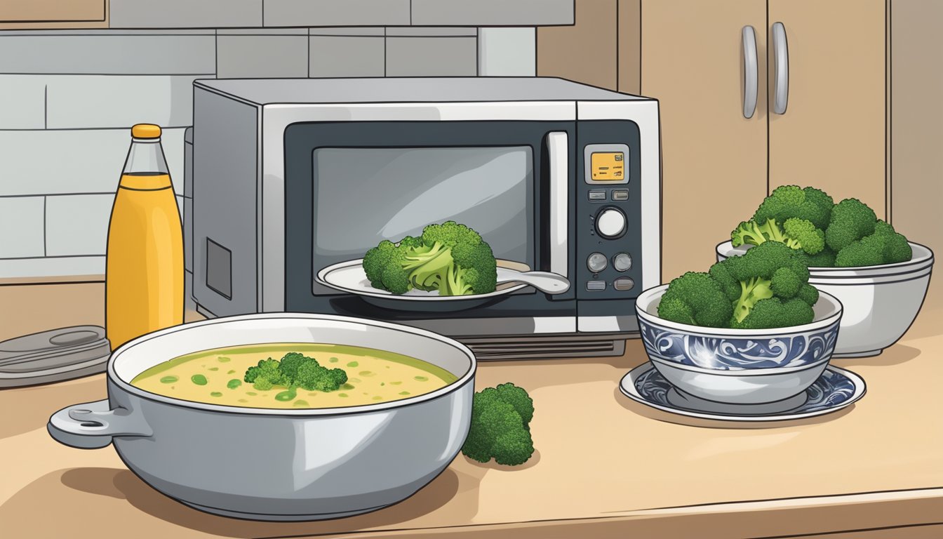 A steaming bowl of broccoli cheddar soup sits on a kitchen counter next to a microwave and a stovetop. A can of ready-made soup is visible in the background