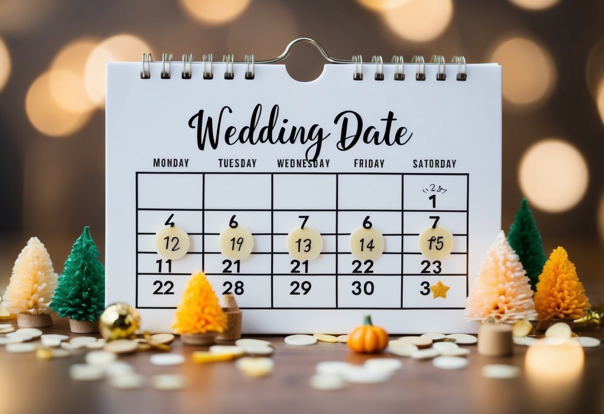 A calendar with a wedding date marked 3 months ahead, surrounded by various seasonal motifs and symbols