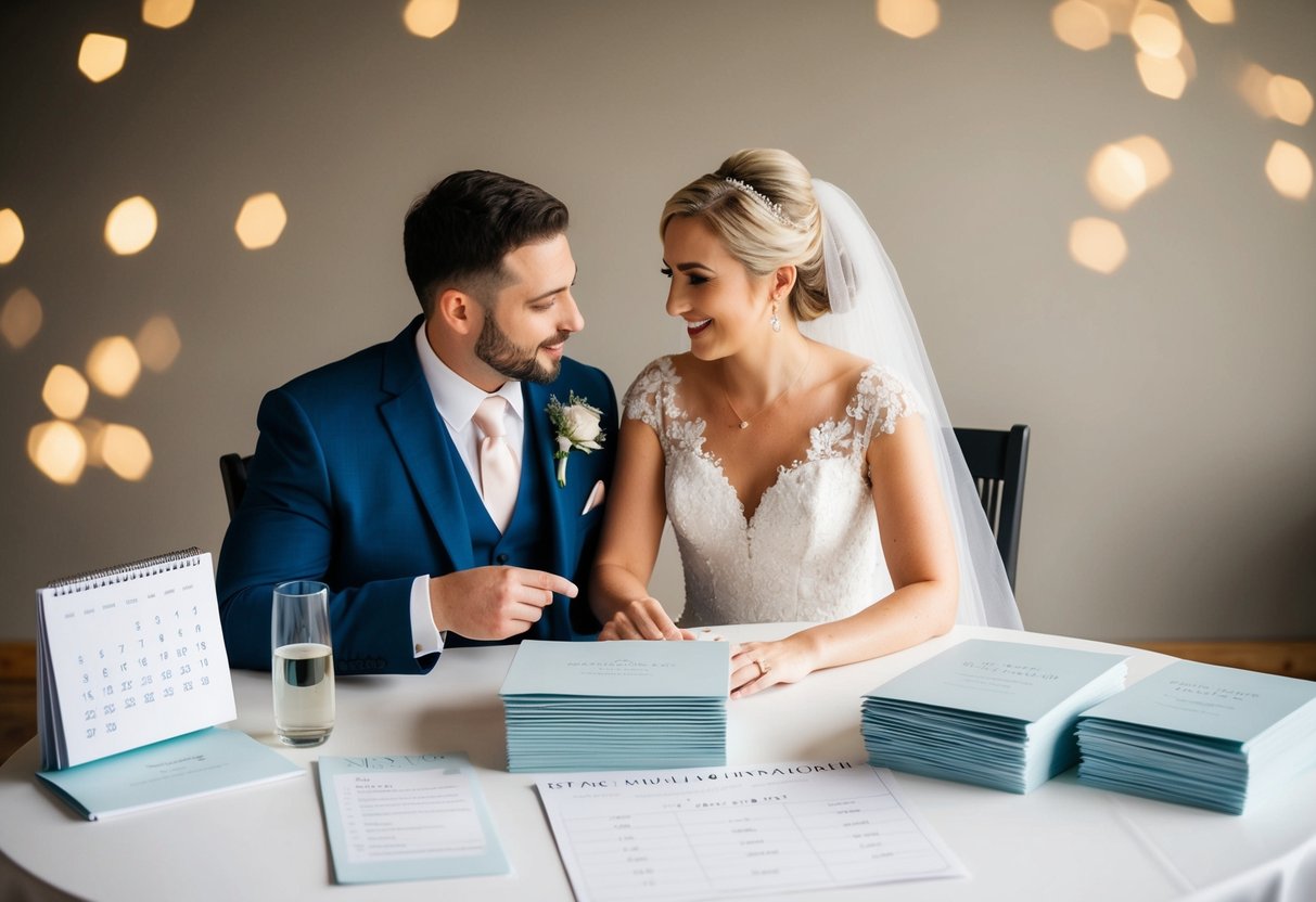 A bride and groom sit at a table with a stack of wedding invitations, a calendar, and a list of guests. They discuss and plan their guest list and RSVPs
