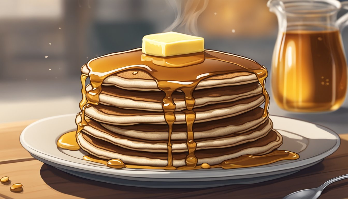 A stack of golden brown buckwheat pancakes sits on a plate, steam rising from the fluffy edges. A dollop of butter slowly melts on top, surrounded by a drizzle of warm maple syrup