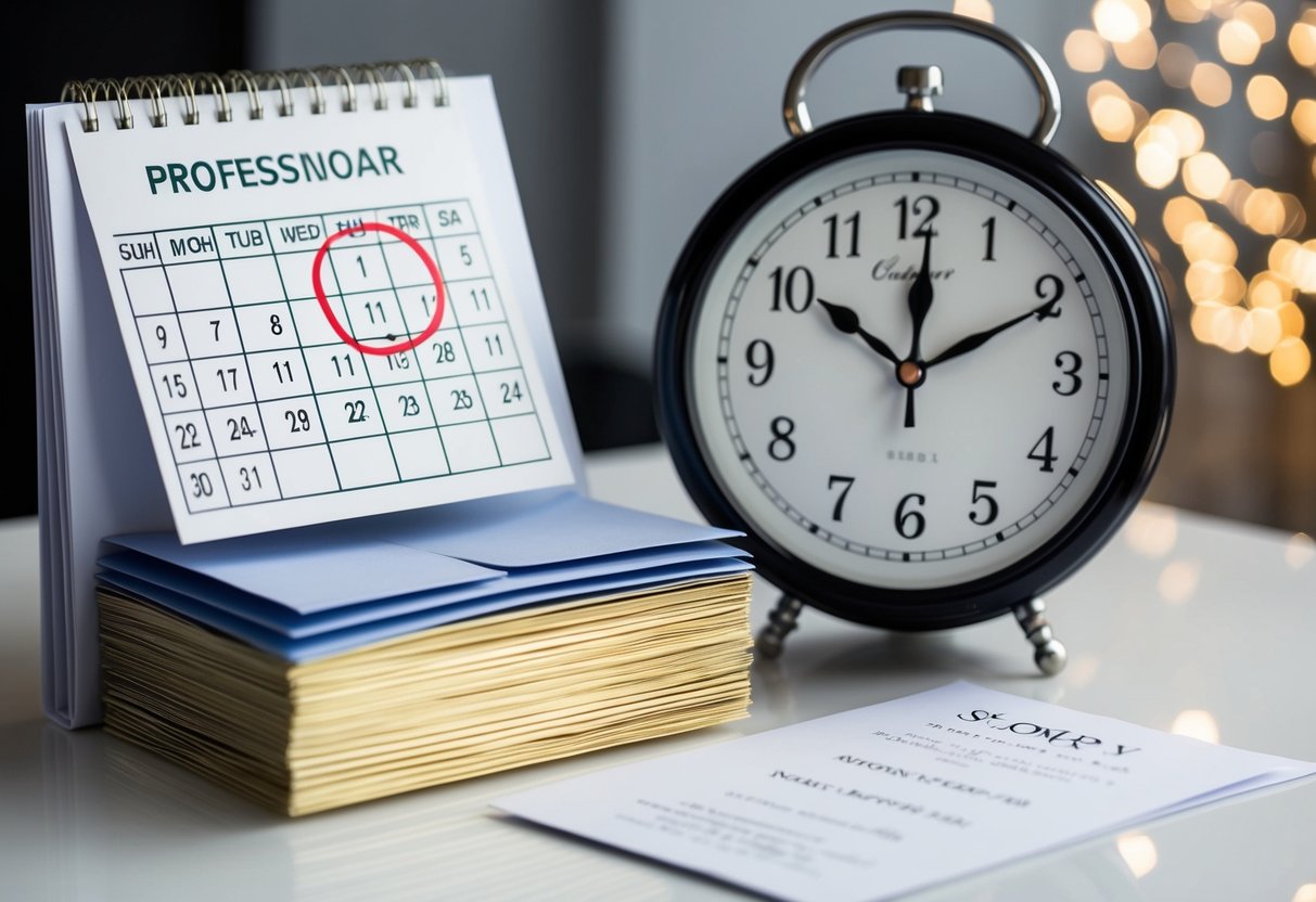 A calendar with a circled date, a stack of invitations, and a clock showing the current date and time