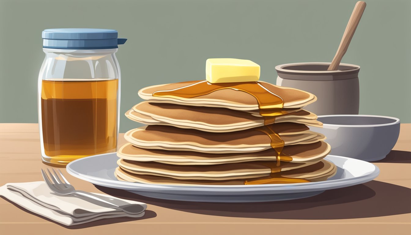 A stack of buckwheat pancakes on a plate, covered with a microwave-safe lid, next to a small bowl of maple syrup and a pat of butter