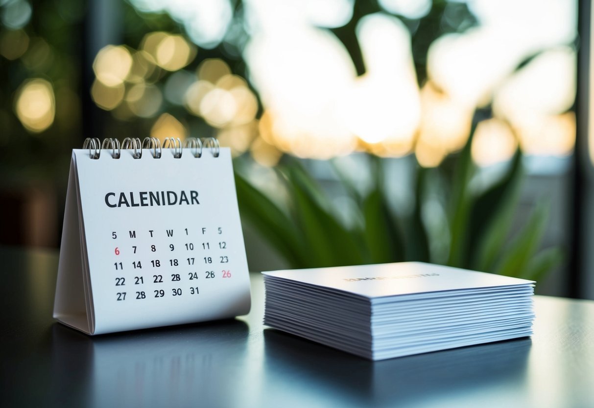 A calendar with a highlighted date and a stack of invitation cards