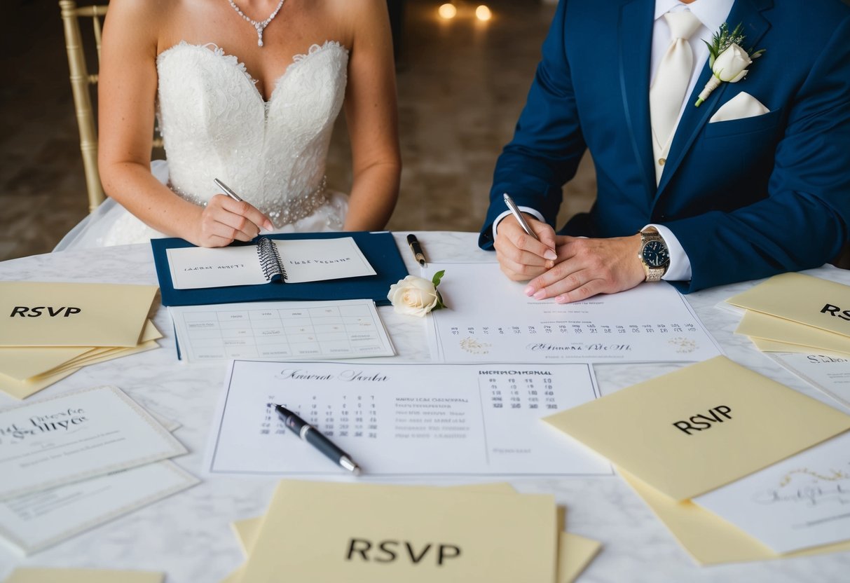 A bride and groom sit at a table covered in wedding invitations, a calendar, and a pen. They discuss RSVP deadline