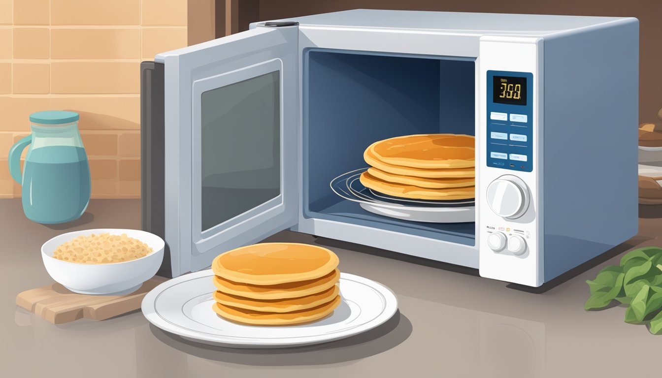 A microwave with an open door, a plate of buckwheat pancakes inside, and the timer set for reheating