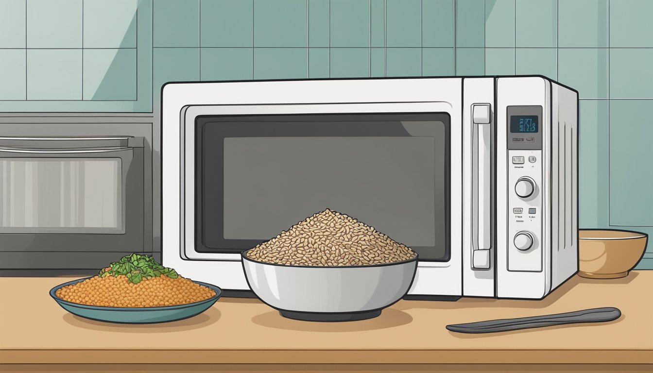 A microwave with a bowl of brown rice and lentil salad inside, steam rising from the bowl