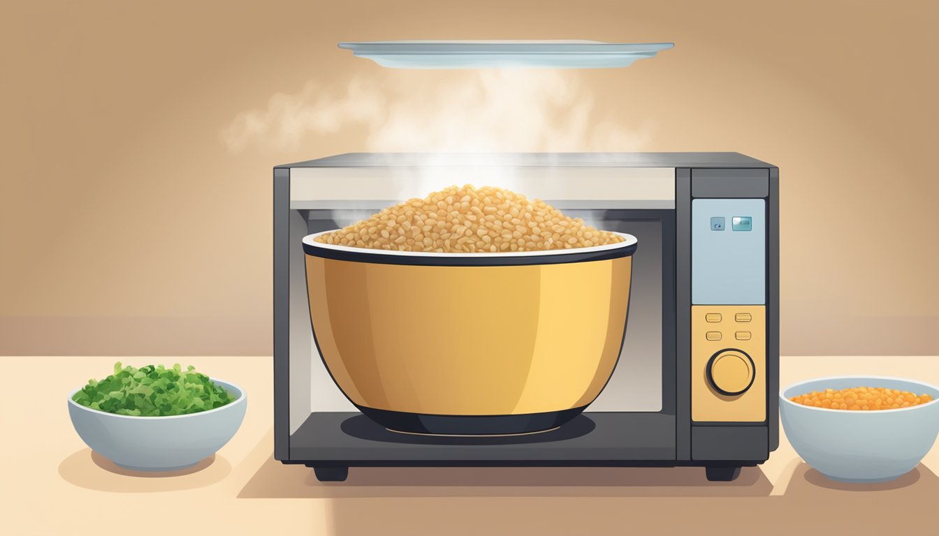 A bowl of brown rice and lentil salad being heated in a microwave with steam rising from the dish