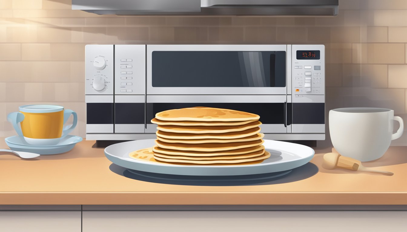 A plate of buckwheat pancakes being heated in a microwave