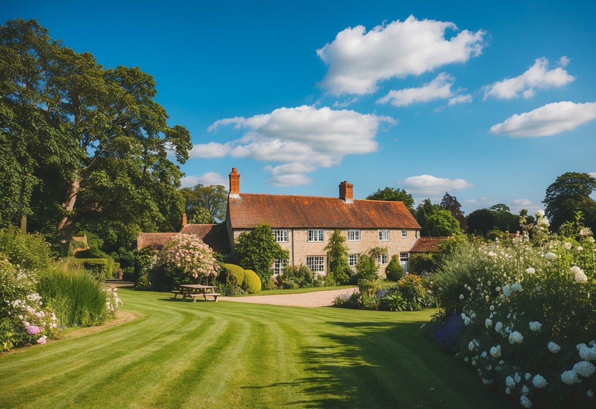 A picturesque countryside wedding in the UK during the summer months, with lush greenery, blooming flowers, and a clear blue sky