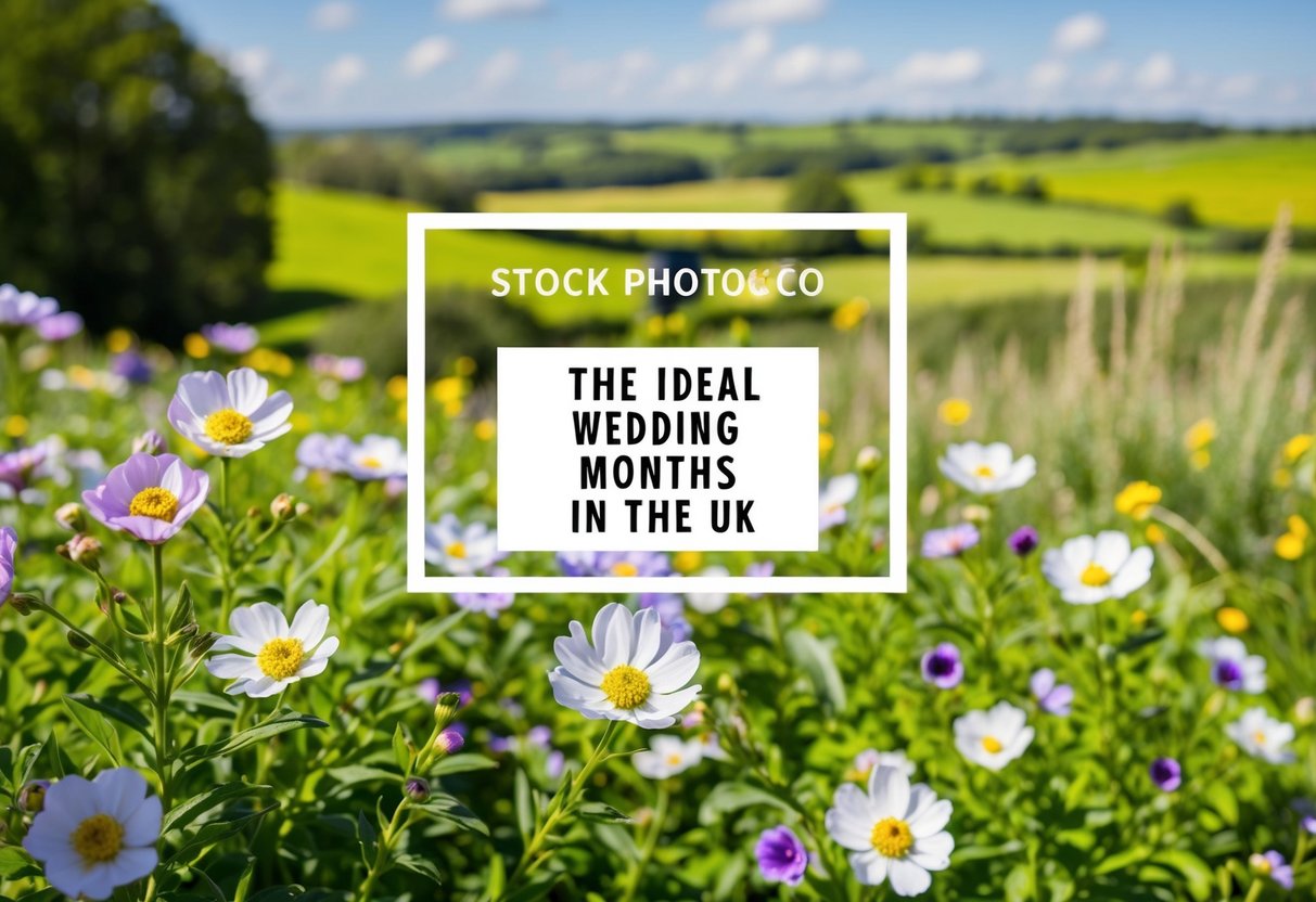 A scenic countryside setting with blooming flowers and clear skies, indicating the ideal wedding months in the UK