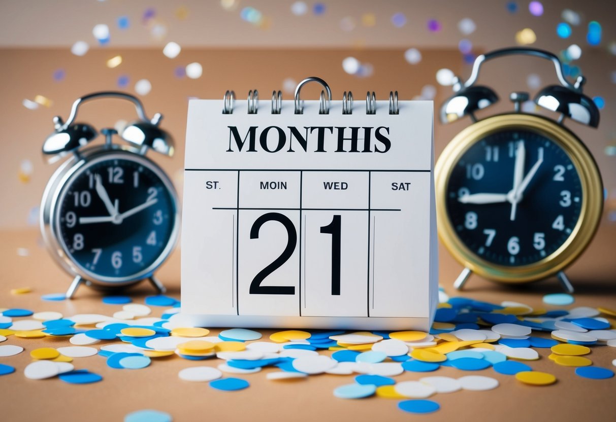 A calendar with a date two months past, surrounded by scattered confetti and a ticking clock